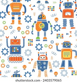 Kids robots. Funny mechanic toys, cute androids characters, cartoon color cyborgs, repeated childish comic mascots, vector seamless pattern.eps
