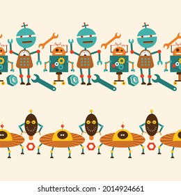 Kids Robots Vector Horizontal Seamless Borders Set