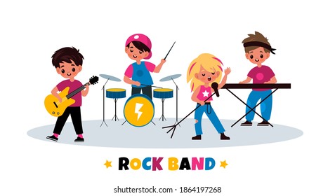 Kids Rock Band. Children Music Concert, Young Musicians Quartet, Playing Instruments Guitar And Drums, Vocals And Keyboards And Sing On Scene. Girls And Boys Stage Performance Vector Cartoon Concept
