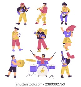 Kids in Rock Band Playing Musical Instrument and Singing Vector Set