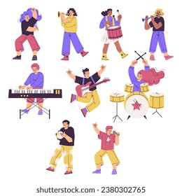 Kids in Rock Band Playing Musical Instrument and Singing Vector Set