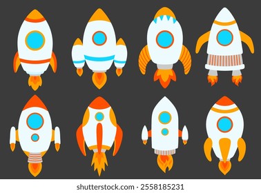 Kids rockets set of illustrations. Spacecraft types, jet, spaceship galaxy design for children