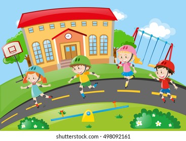 Kids rollerskating on the road
