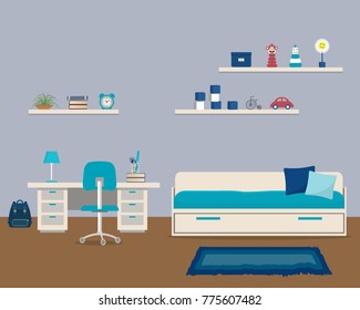 Kids' room in a blue color. There is a bed with pillows, a desk, a chair, shelves with toys and other objects in the picture. Vector illustration