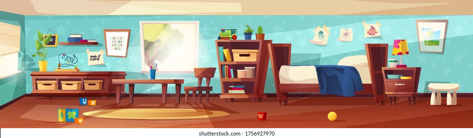 Kids room cute cozy interior with furniture, bed, plant in a spot, sunlight from window and toys children. Nursery for kids, little children. Flat style design. 