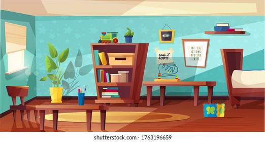 Kids room cute cozy interior with furniture, bed, plant in a spot, sunlight from window and toys for children. Nursery for kids, little children. Flat style design. 