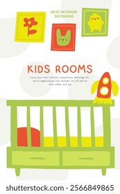 Kids room interior cute hand drawn doodle composition, banner with text space, toys, rocket, bed, pillow, blanket, wall pictures, rabbit, flower, chicken. Modern flat apartment children room elements