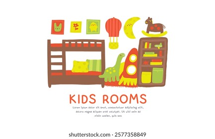 Kids room interior cute hand drawn doodle composition, banner with books, toys, rocket, bed, pillow, blanket, wall pictures, rabbit, flower, chicken. Modern flat apartment children room elements