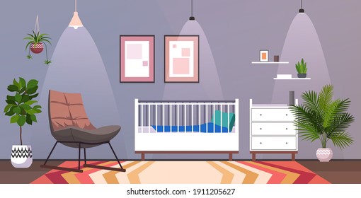 Kids Room Interior Empty No People Baby's Bedroom With Wooden Crib Horizontal Vector Illustration