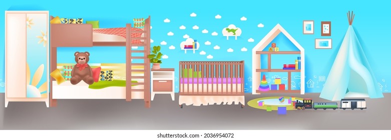 Kids Room Interior Empty No People Baby's Bedroom With Wooden Crib Horizontal