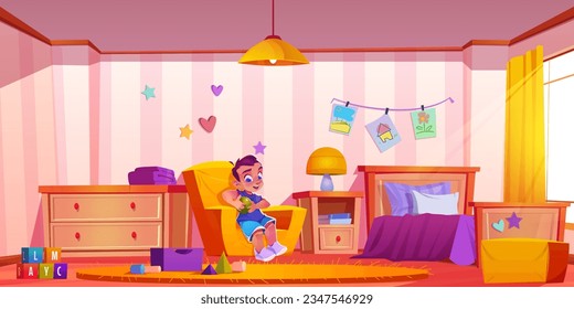 Interior de habitación infantil con muebles y juguetes dibujos animados ilustrativos vectoriales. Un niño pequeño con balón sentado en un sillón, en una luminosa sala decorada con estrellas y cuadros con cama, cajón y una gran ventana.