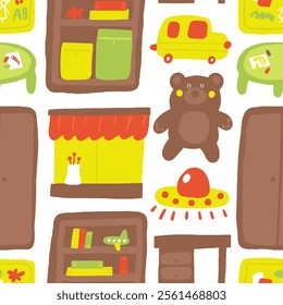 Kids room interior seamless pattern. Cute hand drawn doodle house furniture inside items repeatable pattern with teddy bear, ufo, car, window, closet, cabinet, table. Modern children room background