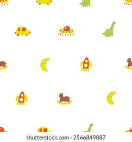 Kids room interior seamless pattern. Cute hand drawn doodle house children, nursery repeatable pattern with rocket, ufo, transport, space ship, horse, car, taxi, moon. Modern baby background