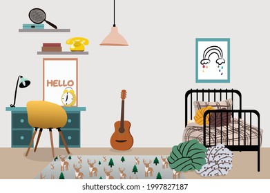 Kid's room interior vector illustration of modern bedroom furniture styles pictures, blanket on bed, guitar on the floor, A racket and a toy phone on the shelves.