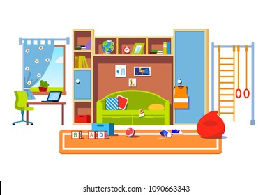 Kid's room interior with window, door and sections for play, study & sport. Kid's room with toys on carpet and sofa, gym, laptop, bookshelves. Flat vector character illustration