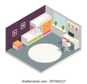 Kids Room Isometric Composition With Bed Desk And Carpet Vector Illustration