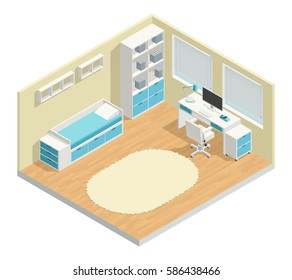 Kids room isometric composition with computer chair and lamp vector illustration