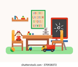 Kids room. Kindergarten preschool playground. Children's table with toys, wardrobe, cubes and chalk board. Flat style vector illustration.