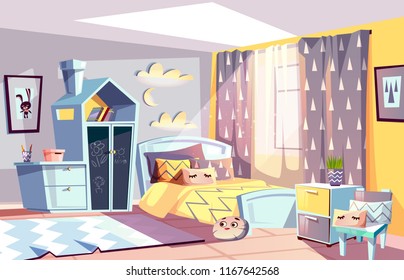 Kids Room Modern Interior Vector Illustration Of Bedroom Furniture In Scandinavian Style. Cartoon Cozy Bed With Blanket Or Toys On Carpet And Drawer With Slat Or Chalkboard In Scandic Design
