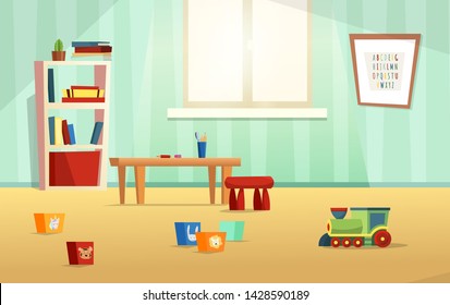 Kids room modern vector  illustration with furniture, sunlight from window and toys. Nursery for kids, little children.  Flat style design. Preschool.