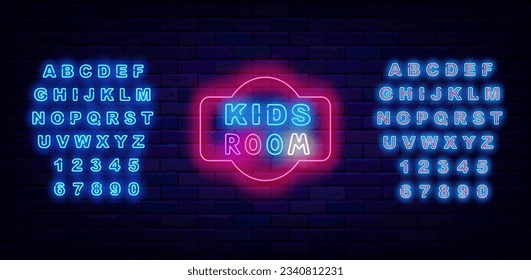 Kids room neon label. Fun and play. Handwritten colorful inscription. Play zone. Shiny turquoise alphabet. Glowing advertising on brick wall. Game design. Editable stroke. Vector stock illustration