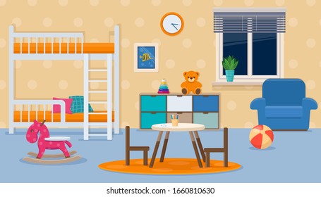 Kids Room With Neutral Colors. Childrens Bedroom Interior With Furniture And Toys. Vector Illustration In A Flat Style