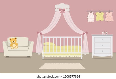 Kid's room for a newborn baby. Interior bedroom for a baby girl in a pink color. There is a cot with canopy, a dresser, armchair, baby clothes and other things in the picture. Vector illustration