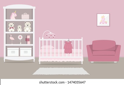 Kid's room for a newborn baby. Interior bedroom for a baby girl in a pink color. There is a cot, a wardrobe with toys, armchair, baby clothes and other things in the picture. Vector illustration