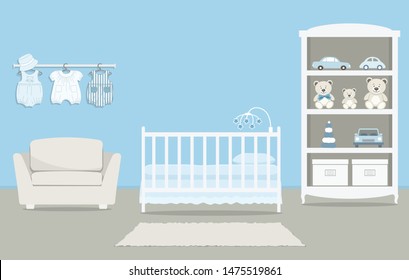 Kid's room for a newborn baby. Interior bedroom for a baby boy in a blue color. There is a cot, a wardrobe with toys, armchair, baby clothes and other things in the picture. Vector illustration