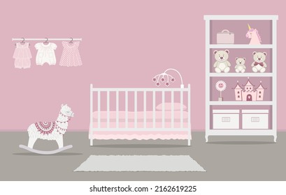 La habitación de los niños para un recién nacido. Habitación interior para un bebé de color rosa. Hay una cuna, un armario con juguetes, ropa de bebé, una llama mecedora y otras cosas en la foto. Ilustración del vector