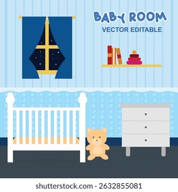 Kid's room for a newborn baby. Interior bedroom for a baby boy in a blue color.