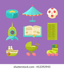 Kids Room Objects Set Of Flat Isolated Minimalistic Vector Icons In Childish Style On Violet Background