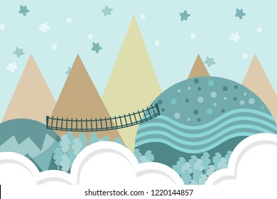 Kids room wallpaper with graphic illustration stairs in forest, hill, and air balloon. Can use for print on the wall, pillows, decoration kids interior, baby wear, shirts, and greeting card