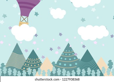 Kids room wallpaper with graphic illustration winter forest, mountain, and air balloon. Can use for print on the wall, pillows, decoration kids interior, baby wear, shirts, and greeting card
