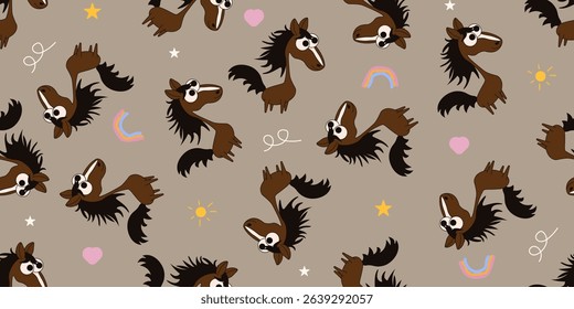 Kids room wallpaper print design. Childish wrapping paper. Vector seamless pattern with fun Whimsical horse. Seamless trellis ideal for kids bedroom prints, nursery wall decor, fabric, textile. EPS 10