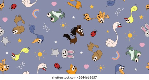 Kids room wallpaper. Vector seamless trellis with adorable animals. Seamless pattern of  swan, cat, bunny, horse, giraffe, frog, bird. Ideal for child prints, nursery wall decor, fabric, textile print