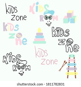 Kids room, kids zone entertainment banner set, vector illustration isolated on white background. Children playground, game room or center logo.