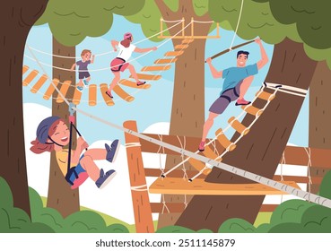 Kids in rope park. Family adventure forest recreation hanging ropes attractions, children with mother father in helmets climbing challenge active sport, classy vector illustration original artwork