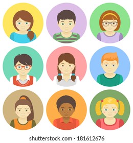 Kids round flat vector avatars. Different boys and girls faces in colorful circles. Children characters profile pictures. Different hairstyles and clothes cartoon design. Portrait infographic elements