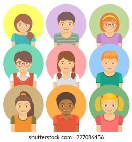 Kids round flat vector avatars. Different happy smiling boys and girls faces. Children characters profile pictures. Different hairstyles and clothes cartoon design. Portrait infographic elements