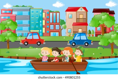 Kids rowing along a river