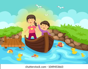 kids rowing boat in the river Illustration vector