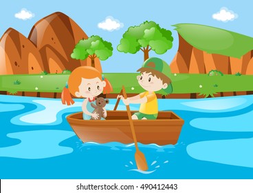 Kids rowing boat in the river illustration