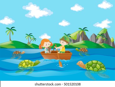 Kids rowing boat in the river illustration