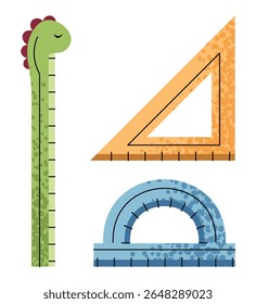 Kids Rulers Set in Flat Style. Straight, Triangle and Protractor on White Background. Measuring Tools for Geometry Class, Math Lessons and Homework. Ideal for School Supplies and Educational Materials