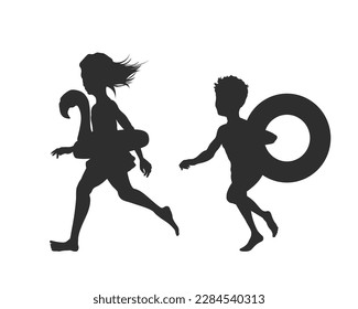 Kids run on a beach. Black silhouette of children with inflatable toys. Happy childhood scene. Sea holiday. Boy and girl play near water. Vector illustration