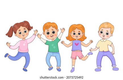 kids runing, jumping, dancing, waving hand
