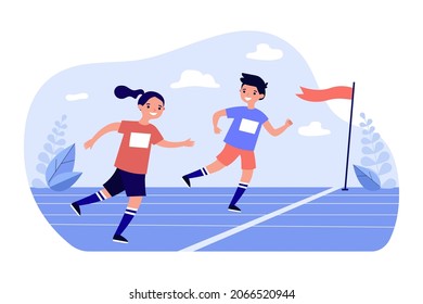 Kids runners running fast to finish line on marathon race. Happy boy and girl jogging flat vector illustration. School sport competition concept for banner, website design or landing web page