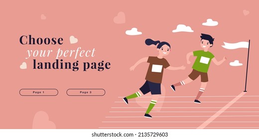 Kids runners running fast to finish line on marathon race. Happy boy and girl jogging flat vector illustration. School sport competition concept for banner, website design or landing web page