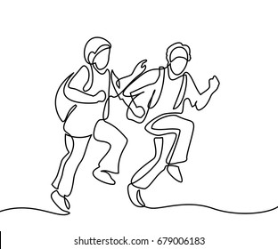 Kids Running Back To School With Bags. Continuous Line Drawing. Vector Illustration On White Background